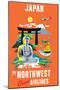 Japan - Fly Northwest Orient Airlines - Vintage Airline Travel Poster, 1950s-Pacifica Island Art-Mounted Art Print