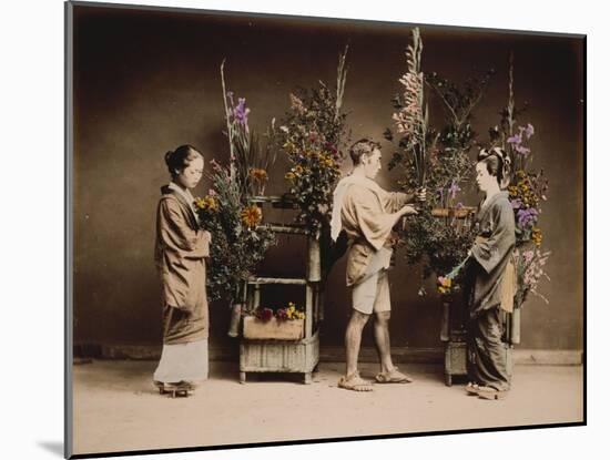 Japan, Japanese Women and Man Flower Arranging-null-Mounted Giclee Print