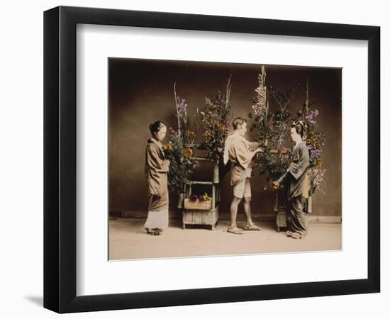 Japan, Japanese Women and Man Flower Arranging-null-Framed Premium Giclee Print