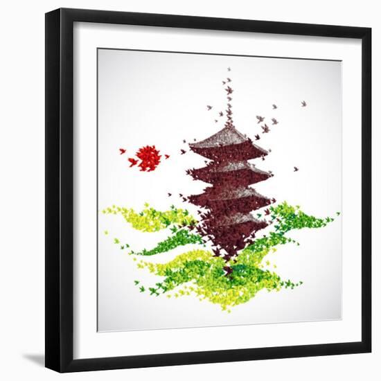 Japan Origami Temple Shaped From Flying Birds-feoris-Framed Art Print