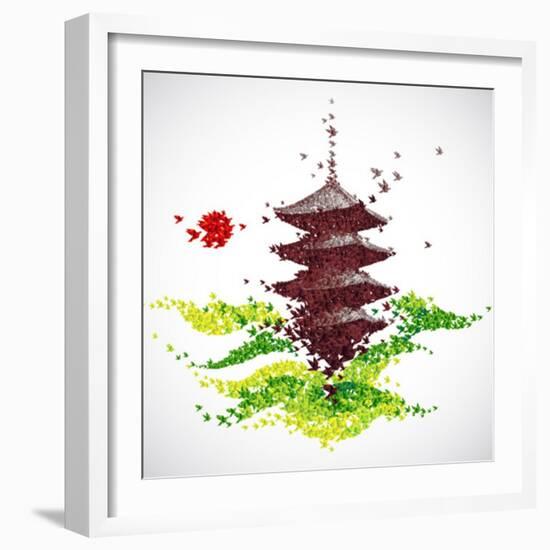 Japan Origami Temple Shaped From Flying Birds-feoris-Framed Art Print