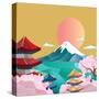 Japan Style Buildings and Fuji Mountain.-takiwa-Stretched Canvas