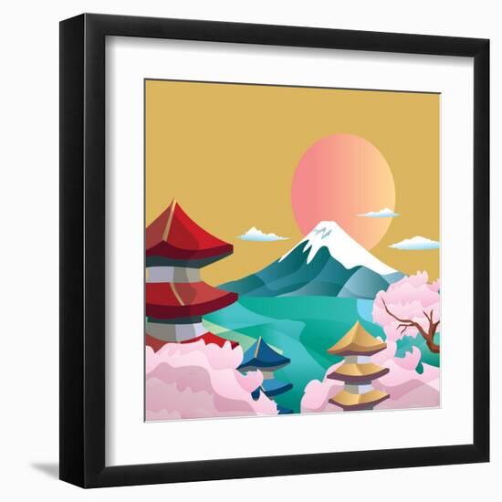 Japan Style Buildings and Fuji Mountain.-takiwa-Framed Art Print