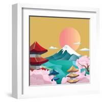 Japan Style Buildings and Fuji Mountain.-takiwa-Framed Art Print