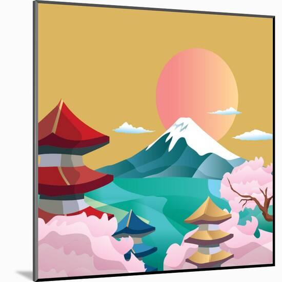 Japan Style Buildings and Fuji Mountain.-takiwa-Mounted Art Print