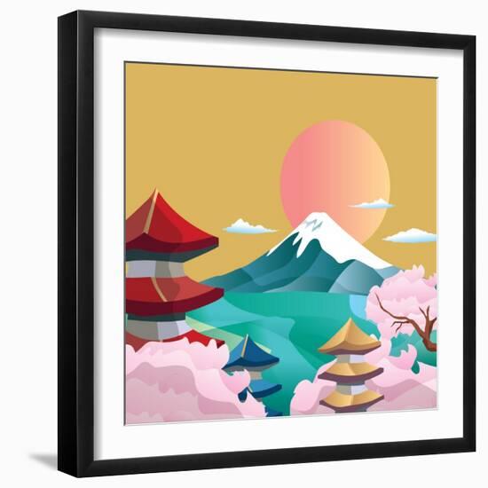 Japan Style Buildings and Fuji Mountain.-takiwa-Framed Art Print