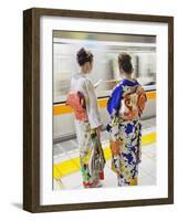Japan, Tokyo, Girls in Kimono on Subway Platform-Steve Vidler-Framed Photographic Print