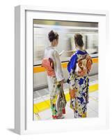 Japan, Tokyo, Girls in Kimono on Subway Platform-Steve Vidler-Framed Photographic Print