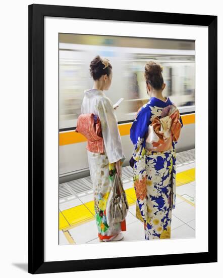 Japan, Tokyo, Girls in Kimono on Subway Platform-Steve Vidler-Framed Photographic Print