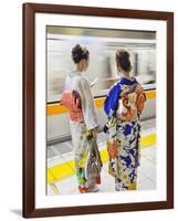 Japan, Tokyo, Girls in Kimono on Subway Platform-Steve Vidler-Framed Photographic Print