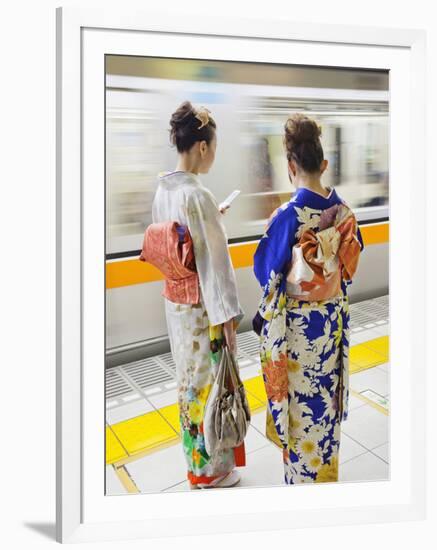 Japan, Tokyo, Girls in Kimono on Subway Platform-Steve Vidler-Framed Photographic Print