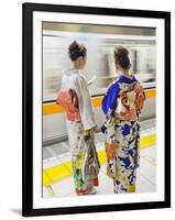 Japan, Tokyo, Girls in Kimono on Subway Platform-Steve Vidler-Framed Photographic Print