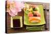 Japan Traditional Food Sushi on Green Plate-egal-Stretched Canvas