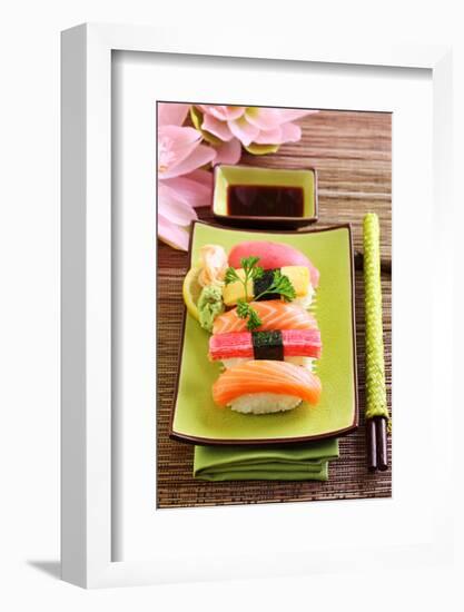 Japan Traditional Food Sushi on Green Plate-egal-Framed Photographic Print