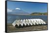 Japan, Yamanashi, Lake Yamanaka, Boats with Mt. Fuji in Background-Rob Tilley-Framed Stretched Canvas