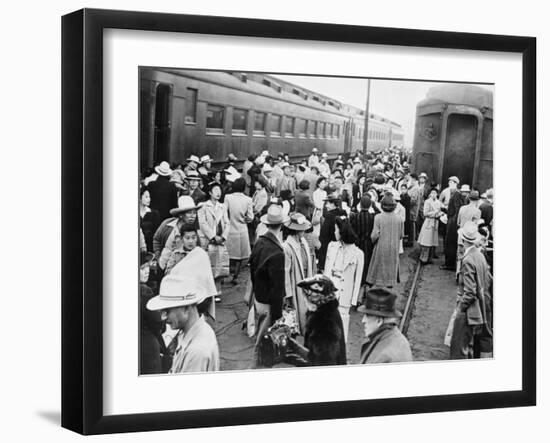 Japanese-American Internees Waiting to Board Train to Santa Anita, Los Angeles, c.1942-null-Framed Photo