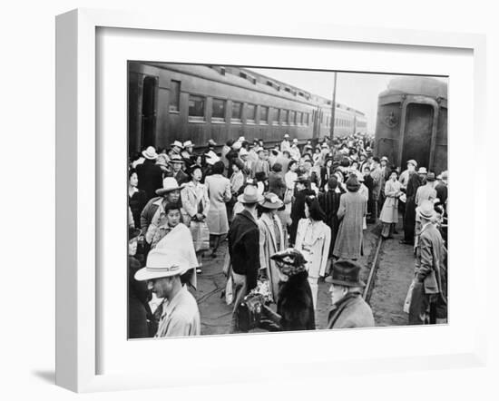 Japanese-American Internees Waiting to Board Train to Santa Anita, Los Angeles, c.1942-null-Framed Photo