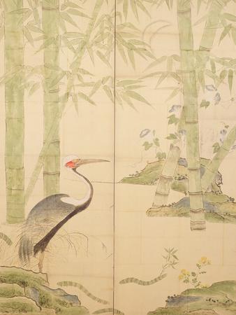 Bamboo and Crane, Edo Period (W/C on Panel)