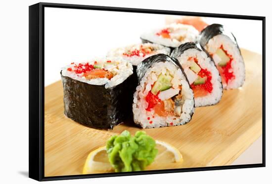 Japanese Cuisine - Sushi Roll with Salmon, Shrimps, Eel and Tobiko Inside. Nori Outside-svry-Framed Stretched Canvas