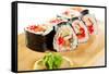 Japanese Cuisine - Sushi Roll with Salmon, Shrimps, Eel and Tobiko Inside. Nori Outside-svry-Framed Stretched Canvas
