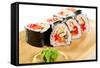 Japanese Cuisine - Sushi Roll with Salmon, Shrimps, Eel and Tobiko Inside. Nori Outside-svry-Framed Stretched Canvas