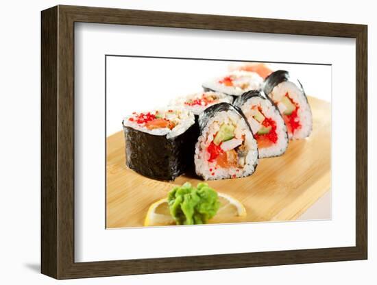 Japanese Cuisine - Sushi Roll with Salmon, Shrimps, Eel and Tobiko Inside. Nori Outside-svry-Framed Photographic Print