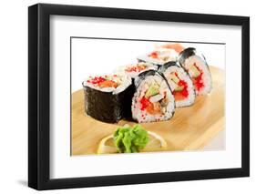 Japanese Cuisine - Sushi Roll with Salmon, Shrimps, Eel and Tobiko Inside. Nori Outside-svry-Framed Photographic Print