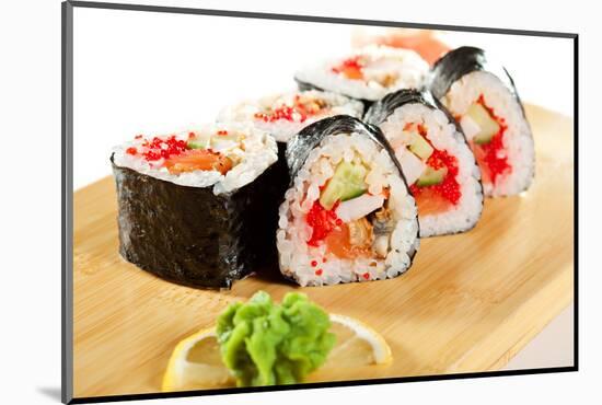 Japanese Cuisine - Sushi Roll with Salmon, Shrimps, Eel and Tobiko Inside. Nori Outside-svry-Mounted Photographic Print