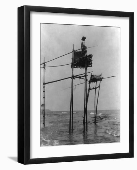 Japanese Fisherman in Bamboo Tower Photograph - Kamakura, Japan-Lantern Press-Framed Art Print