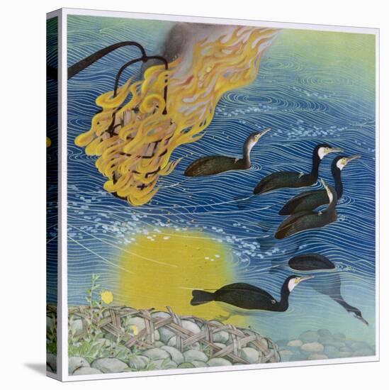 Japanese Fishing with Beacons to Attract the Fish and Cormorants to Catch Them-null-Stretched Canvas
