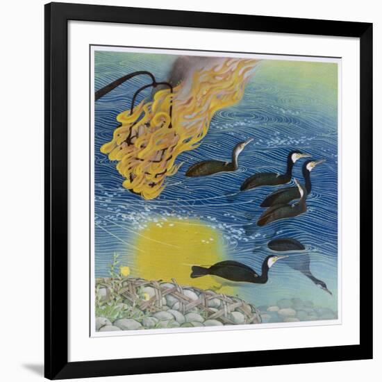 Japanese Fishing with Beacons to Attract the Fish and Cormorants to Catch Them-null-Framed Art Print