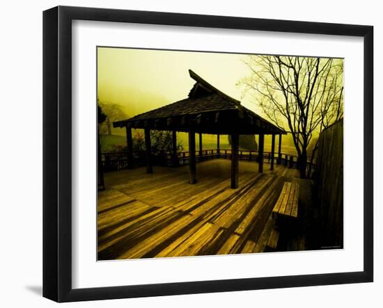 Japanese Gazebo on Deck overlooking Water and Hills-Jan Lakey-Framed Photographic Print