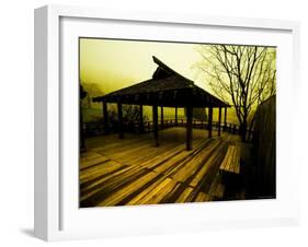 Japanese Gazebo on Deck overlooking Water and Hills-Jan Lakey-Framed Photographic Print