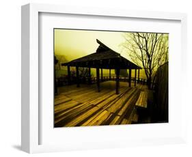 Japanese Gazebo on Deck overlooking Water and Hills-Jan Lakey-Framed Photographic Print