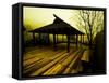 Japanese Gazebo on Deck overlooking Water and Hills-Jan Lakey-Framed Stretched Canvas