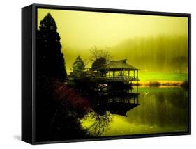 Japanese Gazebo with Views of Hills and Water-Jan Lakey-Framed Stretched Canvas