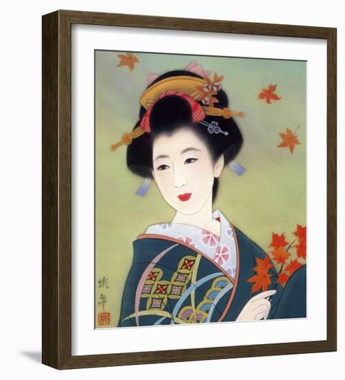 Japanese Geisha in Fall Leaves-null-Framed Giclee Print