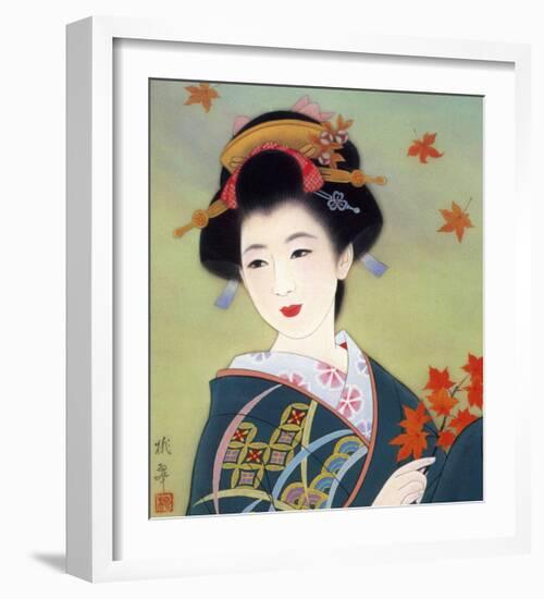 Japanese Geisha in Fall Leaves-null-Framed Giclee Print