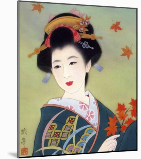 Japanese Geisha in Fall Leaves-null-Mounted Giclee Print