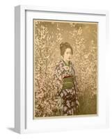 Japanese Girl Next to Cherry Blossom Tree-null-Framed Photographic Print