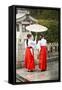 Japanese Girls in Red Hakama with Umbrella in Rain Kamakura Japan-Sheila Haddad-Framed Stretched Canvas