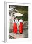 Japanese Girls in Red Hakama with Umbrella in Rain Kamakura Japan-Sheila Haddad-Framed Photographic Print