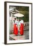 Japanese Girls in Red Hakama with Umbrella in Rain Kamakura Japan-Sheila Haddad-Framed Photographic Print