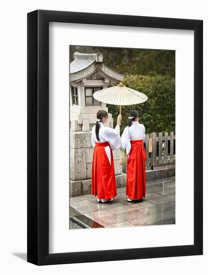 Japanese Girls in Red Hakama with Umbrella in Rain Kamakura Japan-Sheila Haddad-Framed Photographic Print