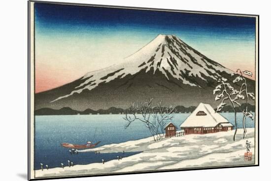 Japanese House and Volcano-null-Mounted Art Print