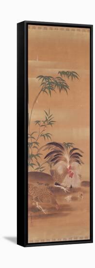 Japanese Kakemono of a Cockerel, Hen and Chicks ink and gilt on paper-Japanese-Framed Stretched Canvas