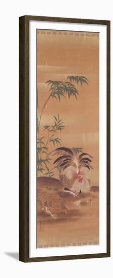 Japanese Kakemono of a Cockerel, Hen and Chicks ink and gilt on paper-Japanese-Framed Premium Giclee Print