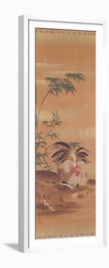 Japanese Kakemono of a Cockerel, Hen and Chicks ink and gilt on paper-Japanese-Framed Premium Giclee Print