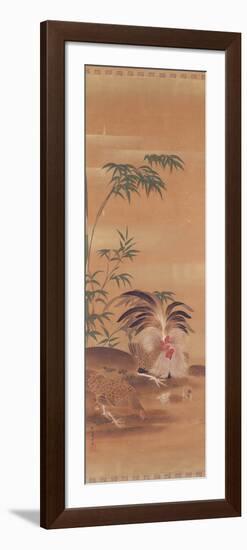Japanese Kakemono of a Cockerel, Hen and Chicks ink and gilt on paper-Japanese-Framed Giclee Print