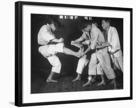 Japanese Karate Student Breaking Boards with Kick-John Florea-Framed Photographic Print